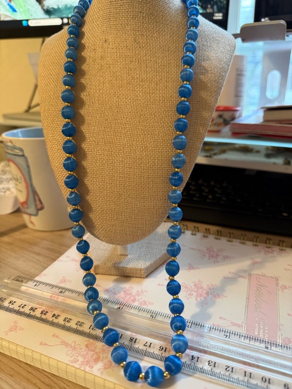Blue Beaded Necklace with Gold Accents